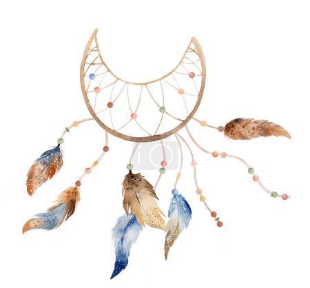 Téléchargez les photos : Tribal boho dreamcatcher ornement aquarelle avec plumes aztèques et flèche. Rêveur traditionnel peinture ethnique aile - en image libre de droit