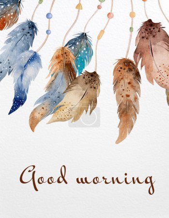Foto de Tribal boho dreamcatcher watercolor ornament with aztec feathers and text good morning. Traditional dream catcher ethnic wing painting - Imagen libre de derechos