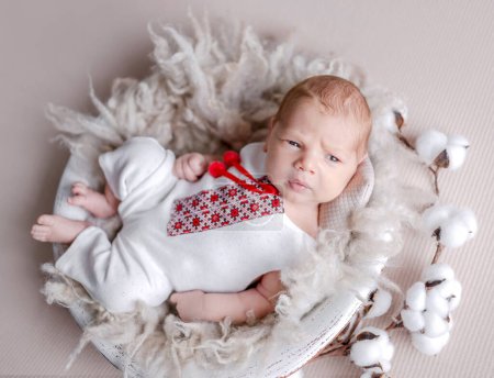 Téléchargez les photos : Bébé garçon nouveau-né mignon portant un costume ukrainien traditionnel avec broderie et regardant en arrière. Adorable enfant en bas âge sur fourrure avec décoration de fleurs de lin - en image libre de droit
