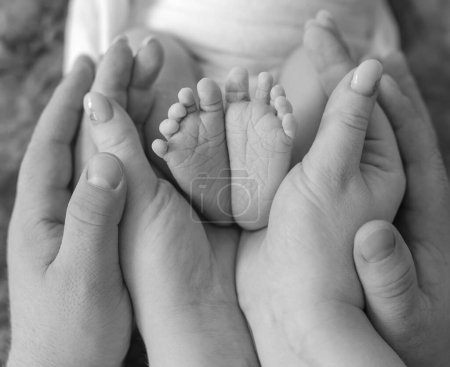 Foto de Los pies del bebé recién nacido en las manos de los padres haciendo símbolo de amor en forma de corazón. Retrato familiar con niño infante piernas descalzas - Imagen libre de derechos