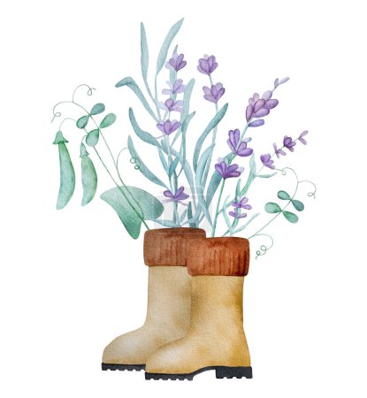 Téléchargez les photos : Magnifique bouquet de provence de lavande avec des pousses de tartes vertes dans des bottes de jardin illustration aquarelle pour la conception de carte postale. Fleur violette composition fleur aquarelle dessin - en image libre de droit