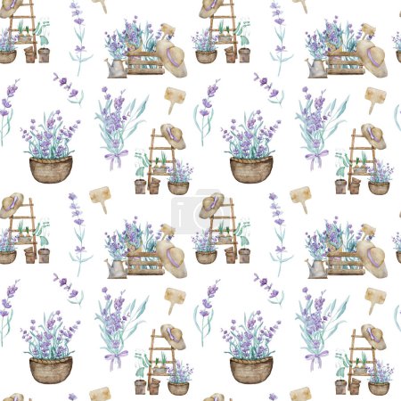 Foto de Beautiful lavender provence bouquet in wooden box, garden hat and watering can watercolor seamless pattern. Purple blossom flower from France aquarelle drawing - Imagen libre de derechos