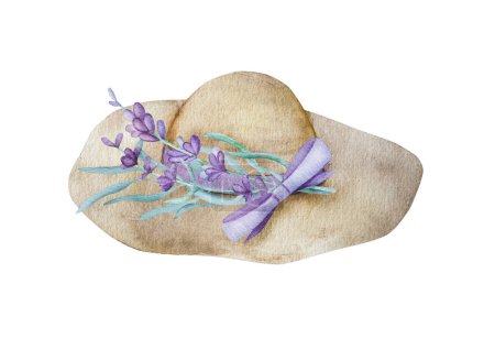 Foto de Beautiful hat with lavender provence decor watercolor illustration for postcard design. Purple blossom flower on girl accessorize aquarelle drawing - Imagen libre de derechos