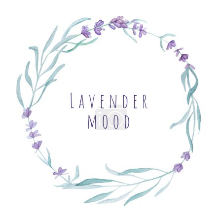 Foto de Beautiful lavender provence wreath with text watercolor illustration for postcard design. Tender purple flower ornament aquarelle drawing - Imagen libre de derechos