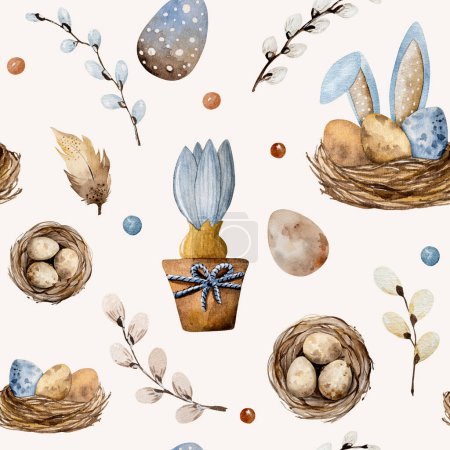 Foto de Pinturas de acuarela de Pascua con huevos tradicionales, orejas de nido y conejo. Primavera festiva religión aquarelle dibujo postal con plantas de primavera - Imagen libre de derechos