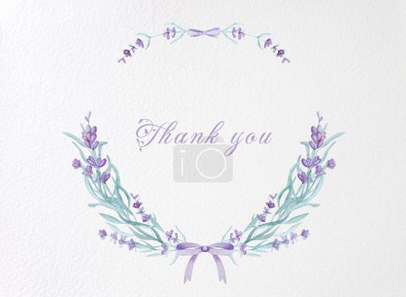Beautiful lavender provence wreath with text watercolor illustration for postcard design. Tender purple flower ornament aquarelle drawing