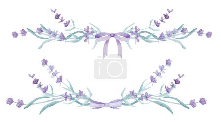 Foto de Hermosa corona de probencia de lavanda con ilustración de acuarela de texto para el diseño de tarjetas postales. Tierna flor púrpura ornamento acuarela dibujo - Imagen libre de derechos