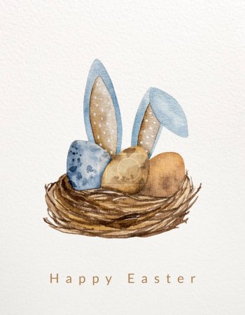 Photo for Easter watercolor painting with traditional eggs, nest and bunny ears on white background with greeting text. Festive spring religion aquarelle drawing postcard - Royalty Free Image