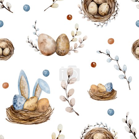 Téléchargez les photos : Peintures à l'aquarelle de Pâques avec œufs traditionnels dans le nid et les oreilles de lapin. Festive printemps religion aquarelle dessins pour la conception de la carte postale - en image libre de droit
