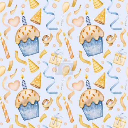 Photo for Happy birthday cupcakes, party hat and confetti blue watercolor seamless pattern. Postcard for newborn baby boy with sweet cakes and lollipop - Royalty Free Image