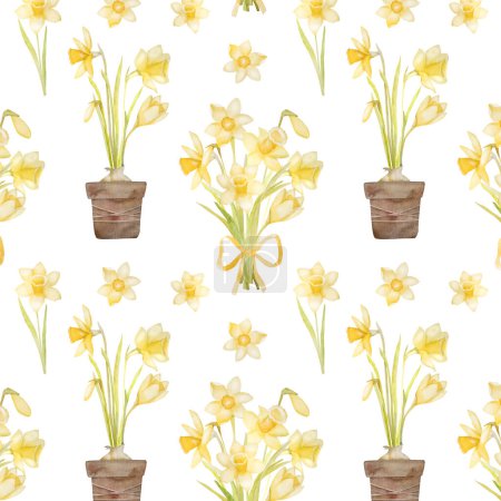 Téléchargez les photos : Fleurs de printemps narcisse dans l'arrosoir et pot aquarelle motif sans couture. Jaune fleur de Pâques plante jonquille aquarelle peinture pour la conception et la décoration - en image libre de droit