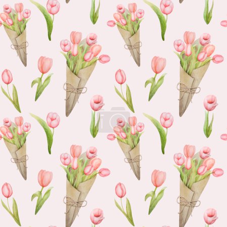 Foto de Hermosas flores de tulipán rosa ramo de acuarela patrón sin costuras. Primavera flor jardín planta acuarela pintura - Imagen libre de derechos