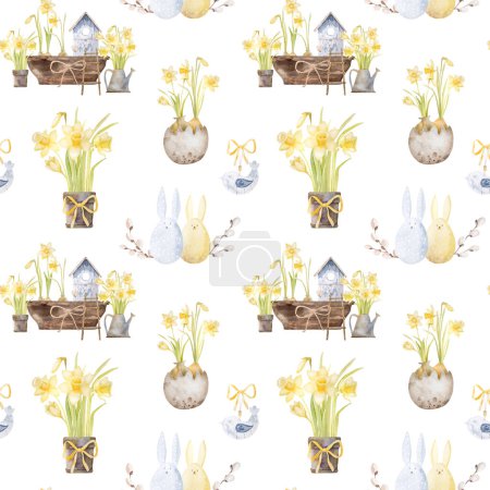 Téléchargez les photos : Belles fleurs narcisses jaunes, saule de Pâques avec lapin et oiseau en bois maison aquarelle motif sans couture plante de fleur pour les vacances de printemps - en image libre de droit
