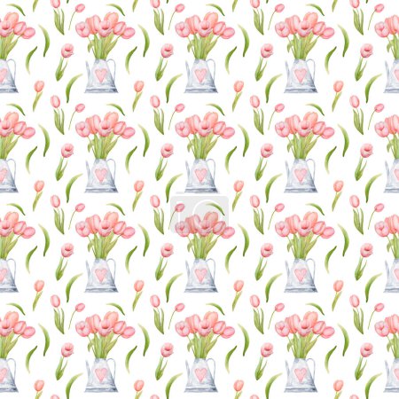 Téléchargez les photos : Belles fleurs de tulipe rose en arrosage peut aquarelle motif sans couture. Printemps fleur jardin plante aquarelle peinture - en image libre de droit
