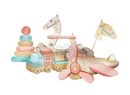 Photo for Watercolor wooden toys for infant baby. Rocking horse, pyramide and plane from eco natural material for child kid development - Royalty Free Image
