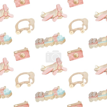 Photo for Educational wooden toys as train, plain and camera for infant child watercolor seamless pattern. Eco natural playthings for kid baby development - Royalty Free Image