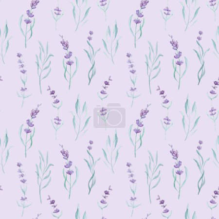 Téléchargez les photos : Beautiful lavender provence plant watercolor seamless pattern. Purple blossom flower composition aquarelle drawing for postcard design - en image libre de droit