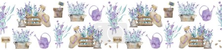 Beautiful lavender provence bouquet in wooden box, garden hat and watering can watercolor seamless pattern. Purple blossom flower and seeds aquarelle drawing