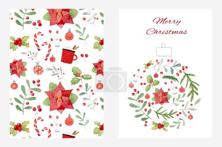 Téléchargez les photos : Joyeux Noël carte postale aquarelle design avec gui, arbre de Noël et bonbons sucettes festives. Ornement traditionnel de nouvelle année avec décoration sans couture - en image libre de droit