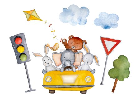 Téléchargez les photos : Cartoon bear, elephant and bunny in yellow car with bird and kite watercolor painting. Automobile transportation with cute animals, traffic lights and trees aquarelle travel illustration - en image libre de droit