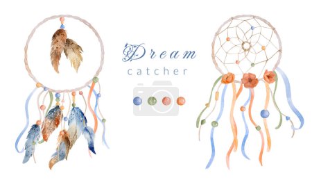 Photo for Tribal feather boho dreamcatcher watercolor ornament with text. Traditional dream catcher ethnic wing painting - Royalty Free Image