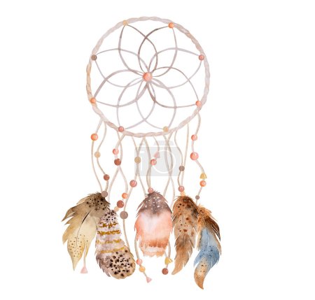 Pluma tribal boho atrapasueños ornamento acuarela. Atrapasueños tradicionales pintura ala étnica