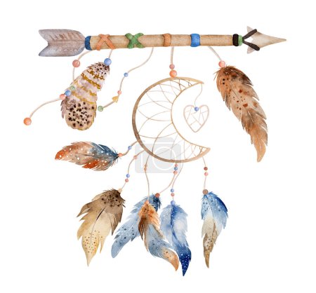 Tribal boho dreamcatcher watercolor ornament with aztec feathers and arrow. Traditional dream catcher ethnic wing painting