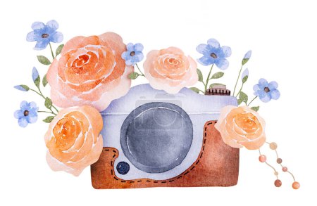 Photo for Retro photo camera with poppy flowers watercolor painting for postcard design. Vintage photographer lens with traditional floral ornament - Royalty Free Image