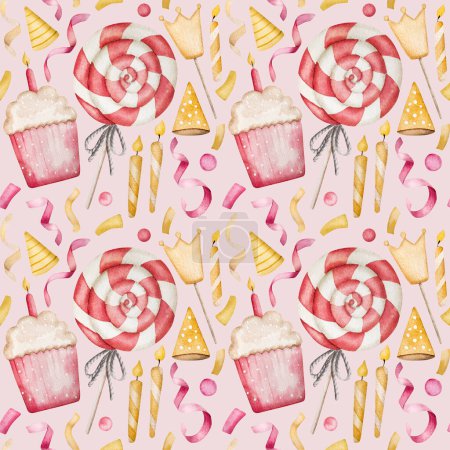 Foto de Feliz cumpleaños cupcakes, piruleta y sombrero de fiesta rosa acuarela patrón sin costuras. Postal para bebé recién nacido con pasteles dulces, dulces y confeti - Imagen libre de derechos