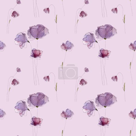 Téléchargez les photos : Aquarelle printemps été fleurs fleurissent sur fond violet motif sans couture Bouquet floral violet tendre pour la décoration et la conception de la carte postale - en image libre de droit