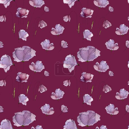 Photo for Watercolor spring summer flowers blossom on purple background seamless pattern Tender violet floral bouquet for decoration and postcard design - Royalty Free Image