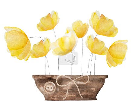 Foto de Acuarela flores primavera verano florecen en maceta de jardín rústico. Tierno ramo floral amarillo para decoración y diseño de postales - Imagen libre de derechos