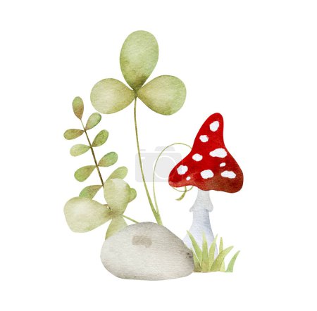 Téléchargez les photos : Forêt champignon rouge et trèfle vert peinture aquarelle conte de fées. Cartoon fly agaric amanita aquarelle dessin - en image libre de droit