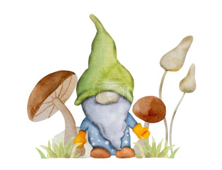 Téléchargez les photos : Nain forestier aux champignons en peinture aquarelle de jardin. gnome de personnage de conte de fées avec dessin aquarelle agarique pour la décoration de carte postale - en image libre de droit