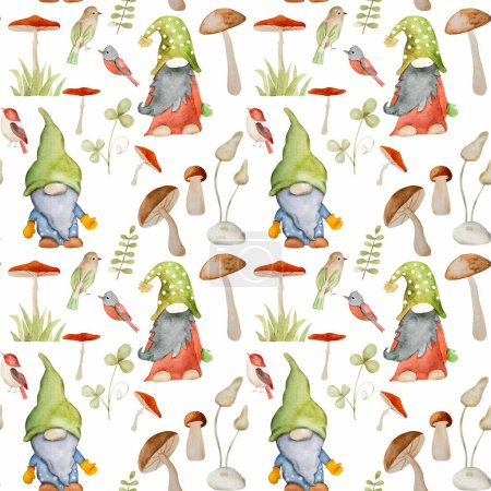 Photo for Forest dwarf with mushrooms and bird watercolor painting seamless pattern. Fairytale character gnome with chanterelle aquarelle drawing for postcard decoration - Royalty Free Image