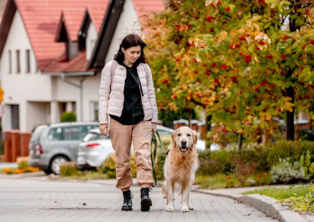 Photo for Preteen girl wear on golden retriever dog lace outdoors. Pretty woman with purebred pet doggy walking at autumn street - Royalty Free Image