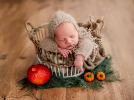 Foto de Recién nacido durmiendo en cesta junto a calabazas maduras - Imagen libre de derechos