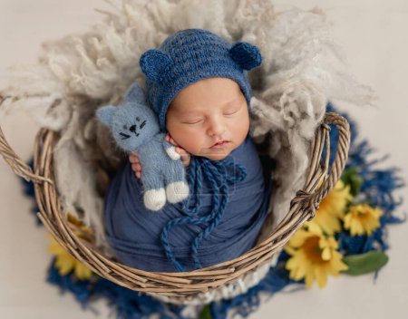 Foto de Recién nacido durmiendo en cesta con juguete en pequeñas manos - Imagen libre de derechos
