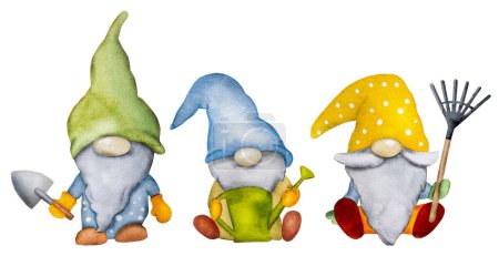 Téléchargez les photos : Nains gnome mignon avec des outils de jardin à la peinture à l'aquarelle d'automne. Aquarelle elfes de dessin animé portant des chapeaux - en image libre de droit