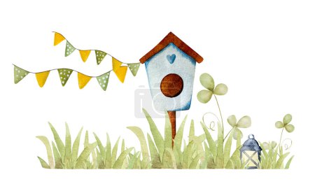 Téléchargez les photos : Jolie maison d'oiseaux avec décoration en herbe verte aquarelle peinture. Beau dessin de printemps aquarelle avec nichoir dans le jardin - en image libre de droit