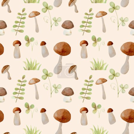 Téléchargez les photos : Forest mushrooms watercolor painting seamless pattern. Wood fungal vegetables and leaves aquarelle drawing - en image libre de droit