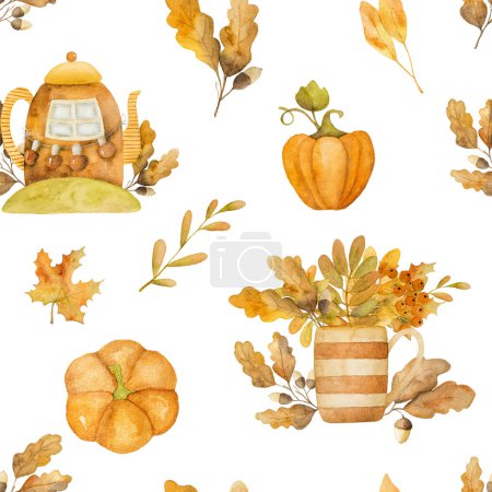 Téléchargez les photos : Feuilles d'automne dans la maison de bouilloire avec dessin à l'aquarelle citrouille motif sans couture. Feuillage automne aquarelle peinture - en image libre de droit