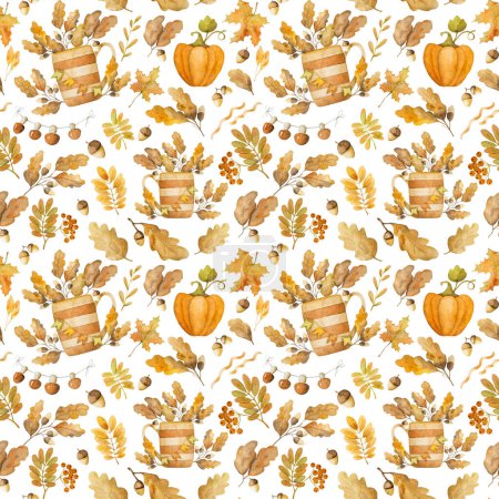 Téléchargez les photos : Feuilles de chêne et d'érable d'automne avec dessin à l'aquarelle citrouille motif sans couture. Feuillage d'automne avec des glands aquarelle peinture - en image libre de droit