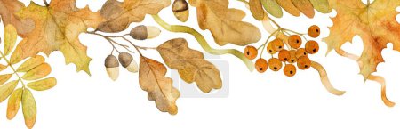 Téléchargez les photos : Chêne d'automne et feuilles d'érable cadre design aquarelle dessin avec espace de copie. Feuillage automne aquarelle peinture - en image libre de droit