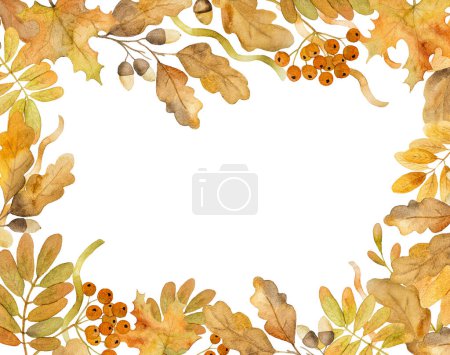 Téléchargez les photos : Chêne d'automne et feuilles d'érable cadre design aquarelle dessin avec espace de copie. Feuillage automne aquarelle peinture - en image libre de droit