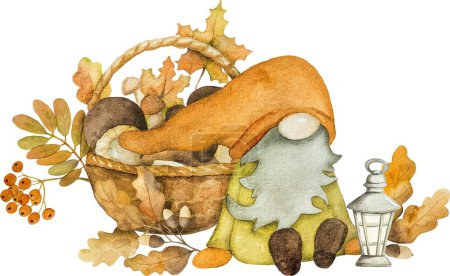 Téléchargez les photos : Nain d'automne mignon avec des champignons, des arcons et des feuilles récolte aquarelle peinture. Automne saison dessin animé gnome avec feuillage aquarelle peinture - en image libre de droit