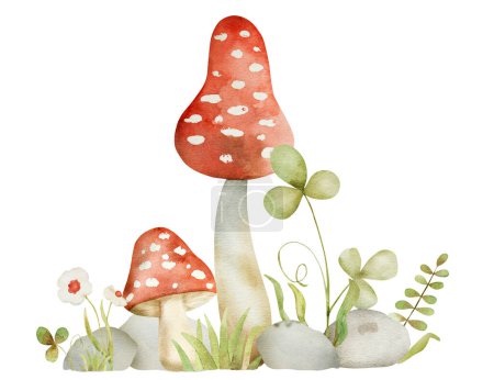 Photo for Forest red mushroom and green clover fairytale watercolor painting. Cartoon fly agaric amanita aquarelle drawing - Royalty Free Image