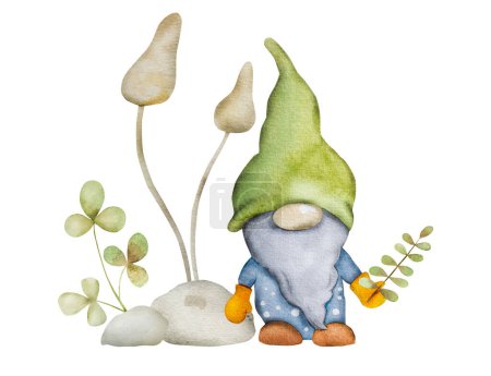 Téléchargez les photos : Nain forestier aux champignons en peinture aquarelle de jardin. gnome de personnage de conte de fées avec dessin aquarelle agarique pour la décoration de carte postale - en image libre de droit