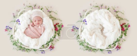 Photo for Sleeping newborn baby girl wrapped in a basket with flowers. Collage mix with infant and studio furniture for kid photoshoot - Royalty Free Image