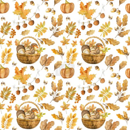 Téléchargez les photos : Feuilles de chêne et d'érable d'automne avec glands et champignons récoltés en panier motif aquarelle sans couture. Illustration d'automne avec citrouilles et feuillage - en image libre de droit